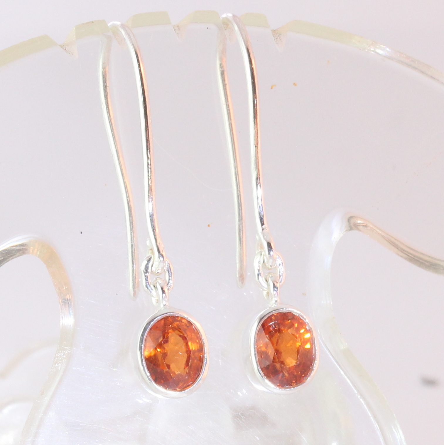 Earring Pair Orange Spessartite Garnet Oval Gems Silver Dangle Hook Design 582