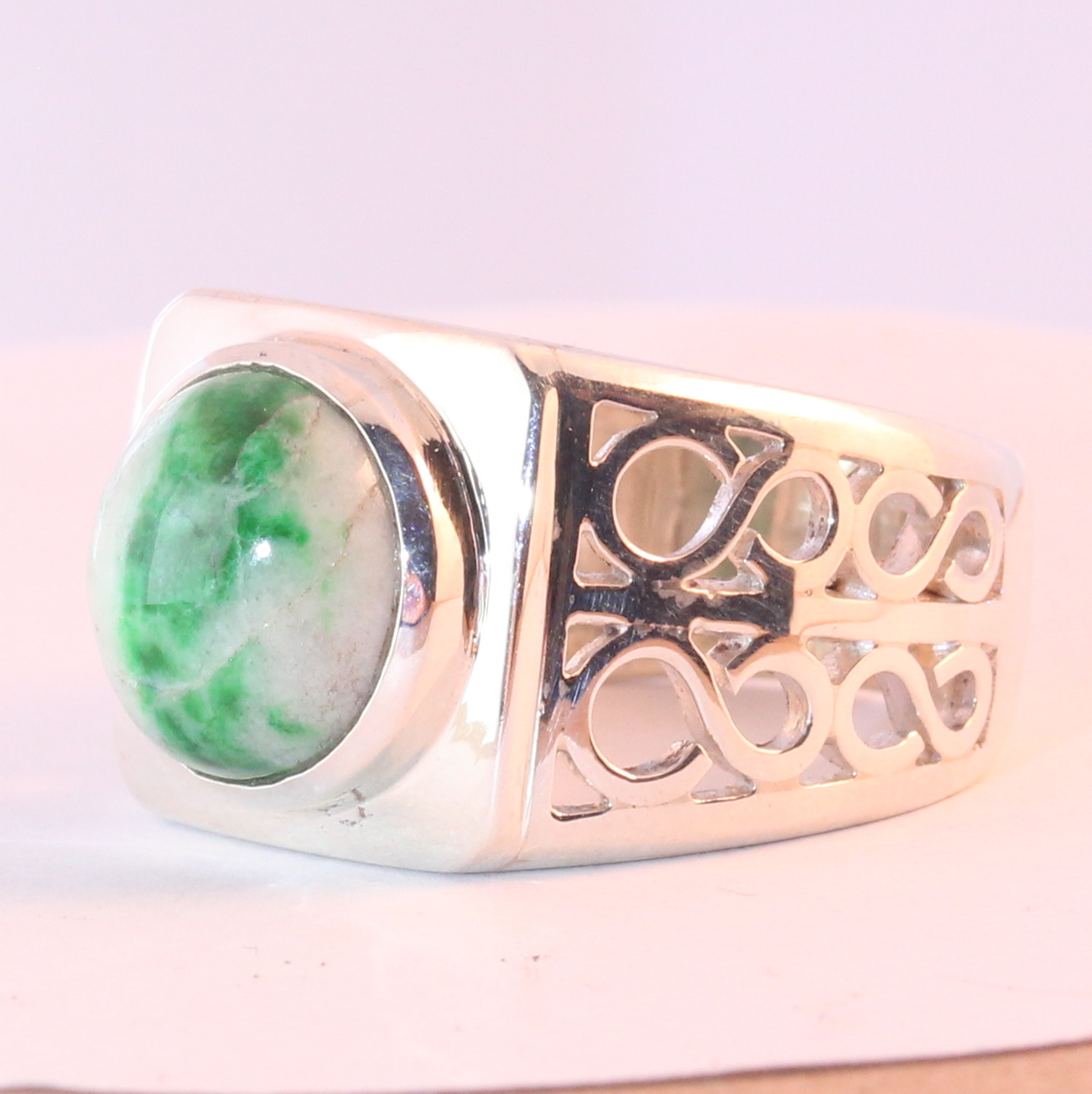 Jade Ring Burma Untreated Jadeite Handcrafted Silver Size 9.25 Ajoure Design 32